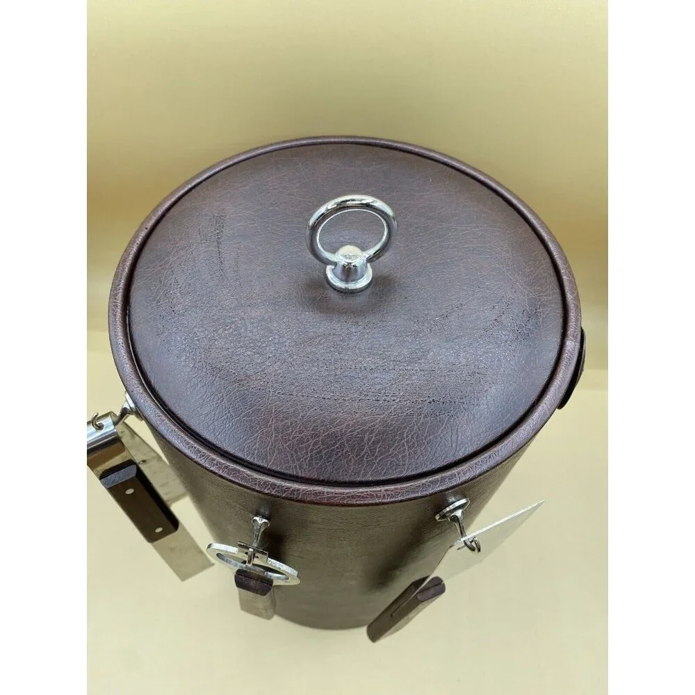 Vintage MCM Ice Bucket Brown Leather Vinyl With Handle And Bar Tools Mid Century